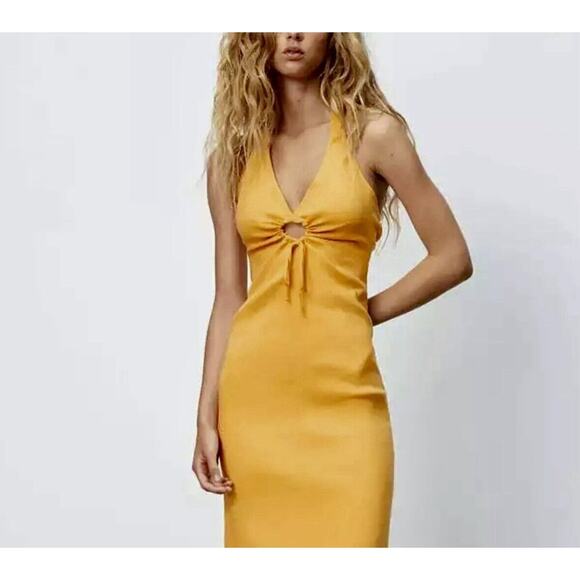 Zara Mustard Yellow Halter V-Neck Sun Dress O-Ring Cutout Front Open Back Small - Picture 1 of 15